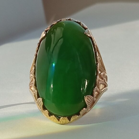 14K Solid Gold Large Cat's Eye Jade Ring - Custom Design, Natural Jade - Picture 3 of 7